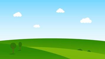 landscape cartoon scene with green trees on hills and white fluffy cloud in summer blue sky background vector