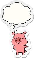 cartoon angry pig and thought bubble as a printed sticker vector