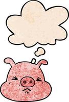 cartoon angry pig face and thought bubble in grunge texture pattern style vector