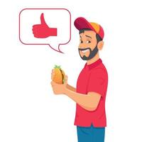 Funny Cartoon Character. Hungry Man Holding Burger and smile. vector