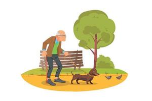 old man walking with dog mascot on a park background