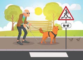 Blind old man character walking with guide dog on street background vector