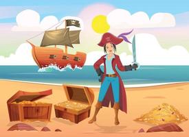 Young woman in pirate costume holding sword standing near open treasure chest on beach in front of pirate ship