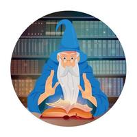 Old wizard and reading spell book on library background. Warlock, sorcerer, old beard man in blue wizards robe, hat. vector