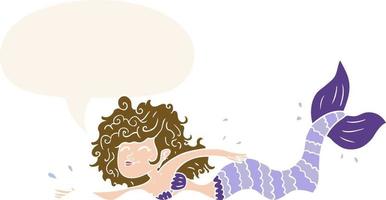 cartoon mermaid and speech bubble in retro style vector