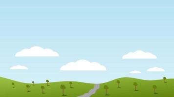 landscape cartoon scene with green trees on hills and summer blue sky background vector