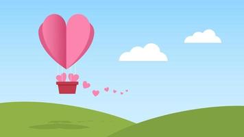 balloon with heart trail on blue sky with white cloud above green hill. love and care concept vector