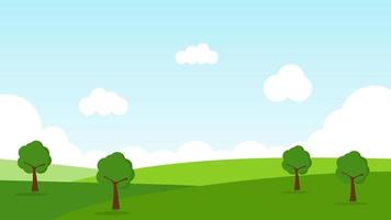 escena de dibujos animados de paisaje con árboles verdes en las colinas y nubes blancas esponjosas en el fondo del cielo azul de verano