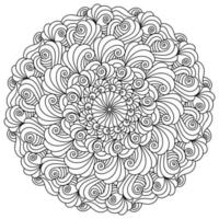 mandala de contorno con muchos rizos y giros, página de color simétrica con motivos zen ornamentados vector