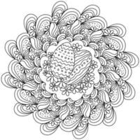 Contour mandala with easter eggs in the center and ornate patterns around, coloring page with fantasy swirls vector