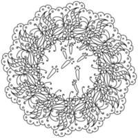 Easter mandala with ornate flowers and bunny footprints in the center, coloring page with festive attributes vector
