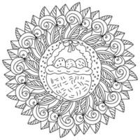 Easter mandala with basket of decorated eggs in the center, holiday coloring page with curls and leaves vector