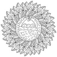 Easter mandala with basket of decorated eggs in the center, holiday coloring page with curls and leaves vector