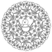 Flower mandala with curls and a chicken in the center, coloring page on Easter theme vector