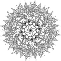 Ornate mandala with a floral motif in the center and triangular petals, zen coloring page in the form of a circular outline frame vector