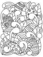 Find Easter Eggs, coloring page with intricate patterns and leaves for holiday activity vector