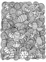 Find eggs hidden in flowers and spiral patterns, coloring page for children with a search task for Easter activities vector
