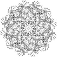 Contour mandala with symmetrical patterns of stripes, strokes and twigs with triangular leaves, anti stress coloring page for creativity vector