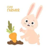 Cute farmer. Happy rabbit in garden bed with carrots. Harvesting, funny farmer. Vector illustration for kids collection, postcards, design and decoration of agricultural harvest themes.