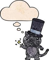 cartoon cat wearing top hat and thought bubble in grunge texture pattern style vector