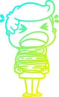 Línea de gradiente frío dibujo hombre gritando de dibujos animados con pila de libros vector