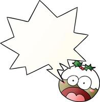 cartoon christmas pudding and shocked face and speech bubble in smooth gradient style vector