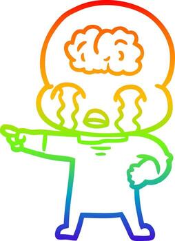rainbow gradient line drawing cartoon big brain alien crying and pointing vector