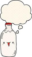 linda botella de leche de dibujos animados y burbuja de pensamiento al estilo de un libro de historietas vector