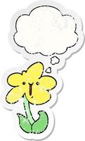 cartoon flower and thought bubble as a distressed worn sticker vector