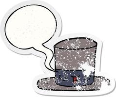 sombrero de copa de dibujos animados y etiqueta engomada angustiada de la burbuja del discurso vector
