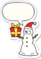 cartoon snowman and present and speech bubble sticker vector