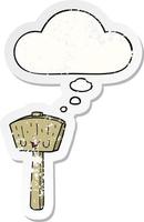 cartoon mallet and thought bubble as a distressed worn sticker vector