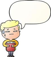 cartoon anxious boy carrying book and speech bubble in smooth gradient style vector