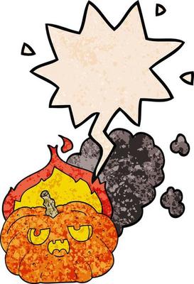 cartoon flaming halloween pumpkin and speech bubble in retro texture style