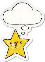 happy cartoon star and thought bubble as a distressed worn sticker vector