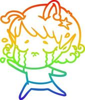 rainbow gradient line drawing cartoon crying alien girl vector