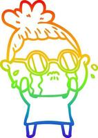 rainbow gradient line drawing cartoon crying woman wearing spectacles vector