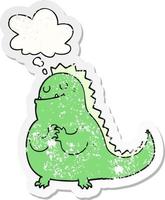 cartoon dinosaur and thought bubble as a distressed worn sticker vector