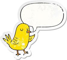 cartoon bird and speech bubble distressed sticker vector