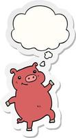 cartoon dancing pig and thought bubble as a printed sticker vector