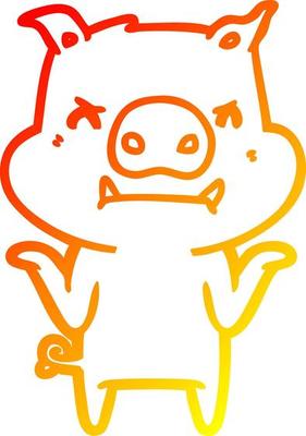 warm gradient line drawing angry cartoon pig shrugging shoulders
