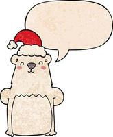 cartoon bear wearing christmas hat and speech bubble in retro texture style vector