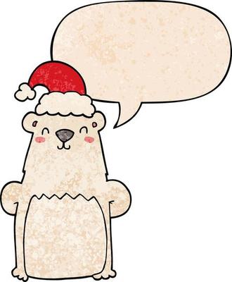 cartoon bear wearing christmas hat and speech bubble in retro texture style