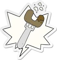 cartoon sausage on fork and speech bubble sticker vector