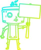 cold gradient line drawing cartoon robot with blank sign vector