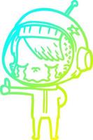 cold gradient line drawing cartoon crying astronaut girl making thumbs up sign vector