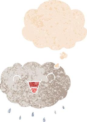 happy cartoon cloud and thought bubble in retro textured style