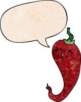 cartoon hot chili pepper and speech bubble in retro texture style
