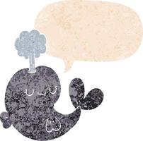 cute cartoon whale and speech bubble in retro textured style vector