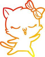 warm gradient line drawing cartoon dancing cat with bow on head vector